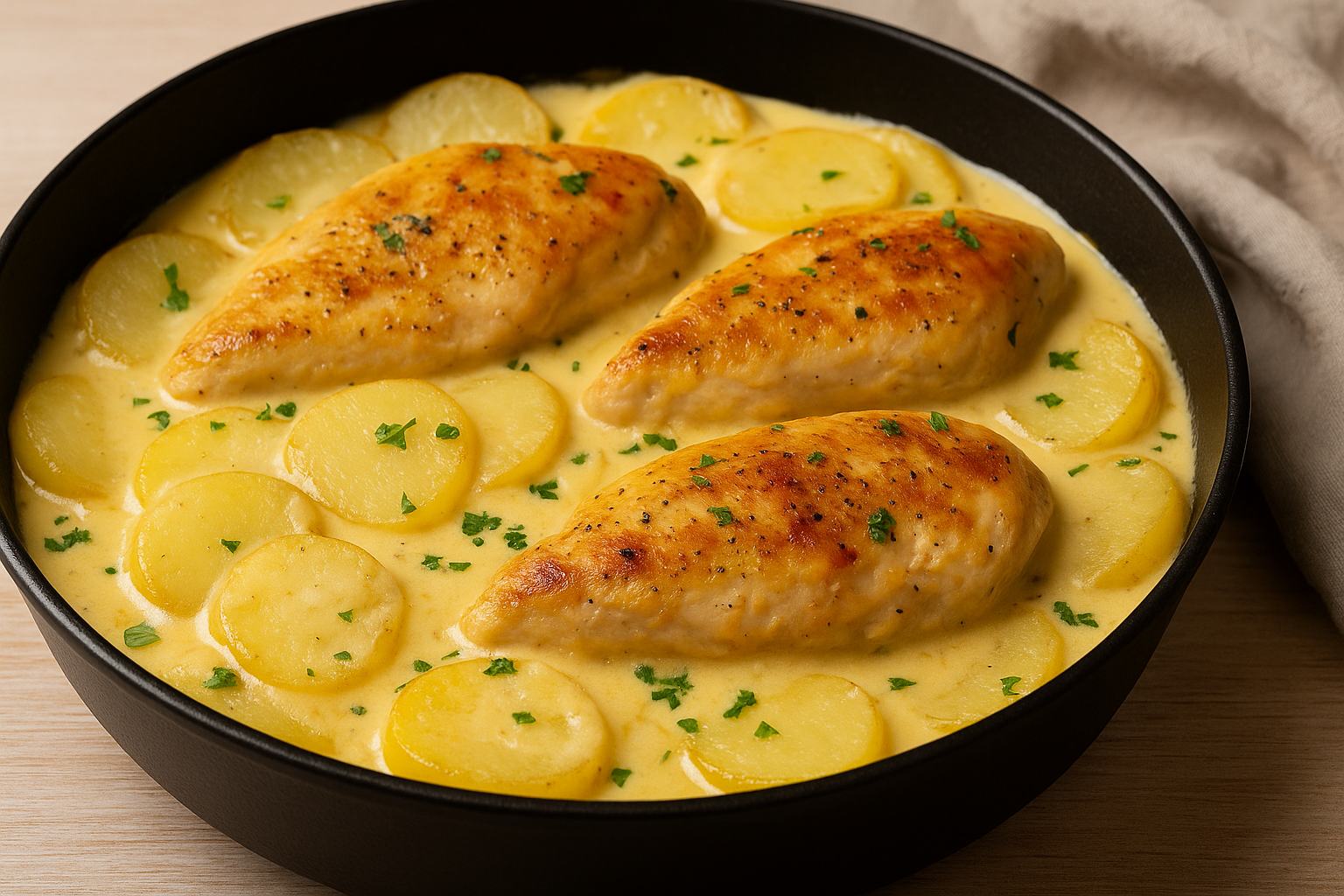 Pollo con papas en Salsa de Queso.