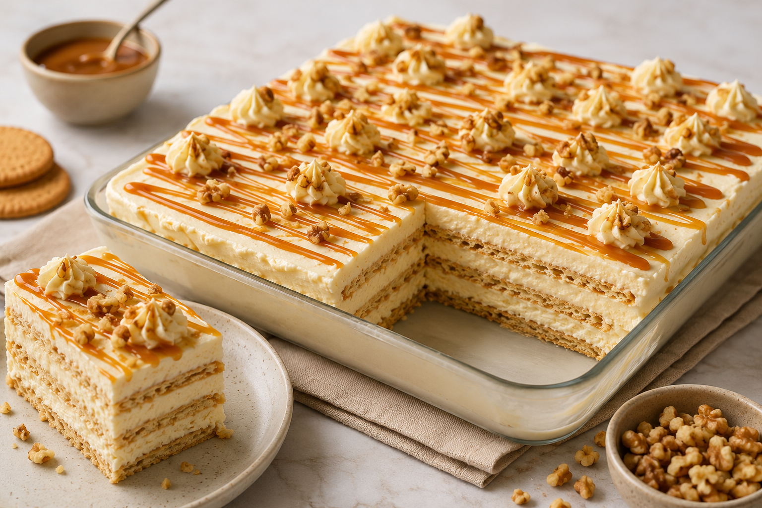 La torta fría de galletas con crema pastelera y caramelo que queda cremosa, firme y fácil de servir.