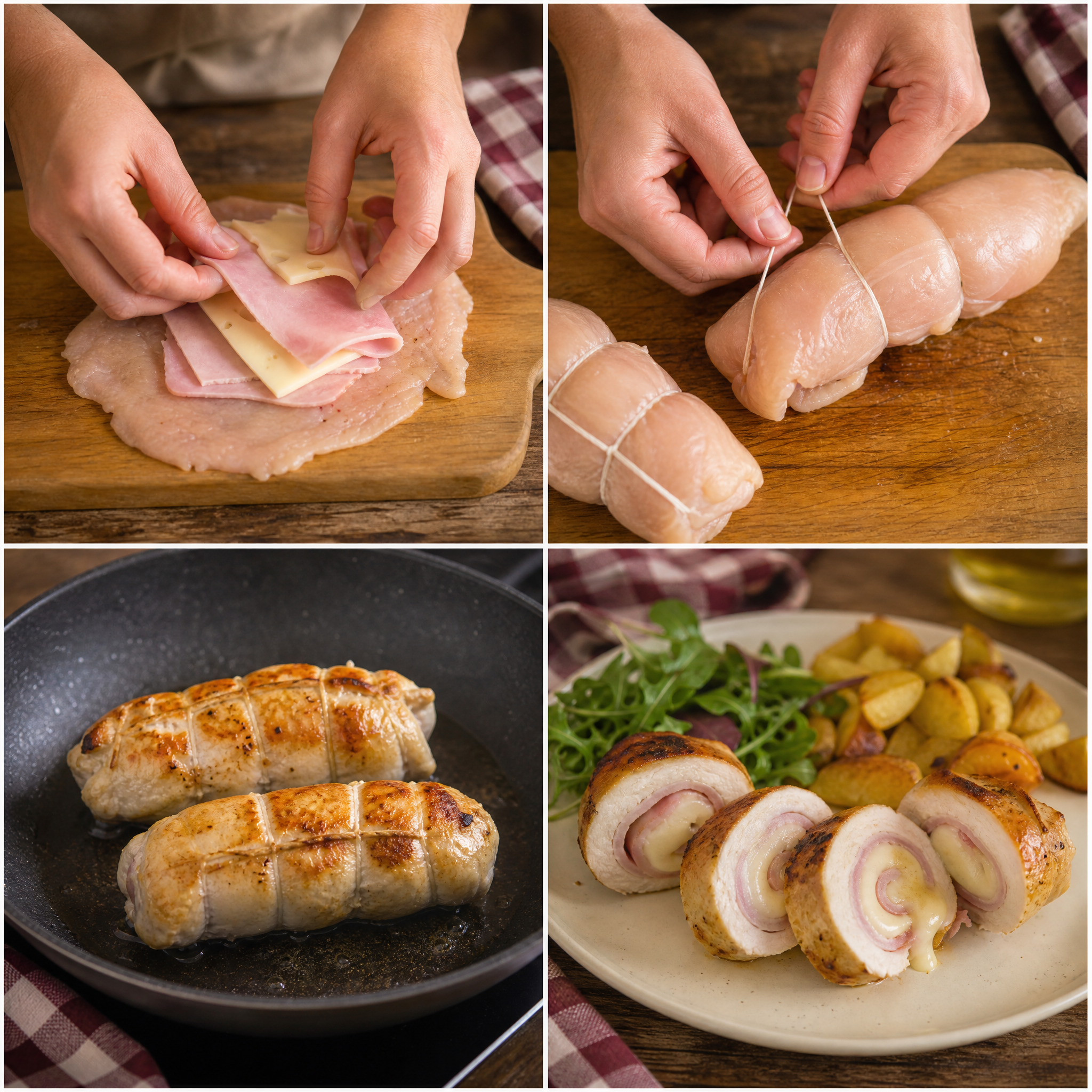 Arrollado de pollo relleno de jamón y queso, receta paso a paso