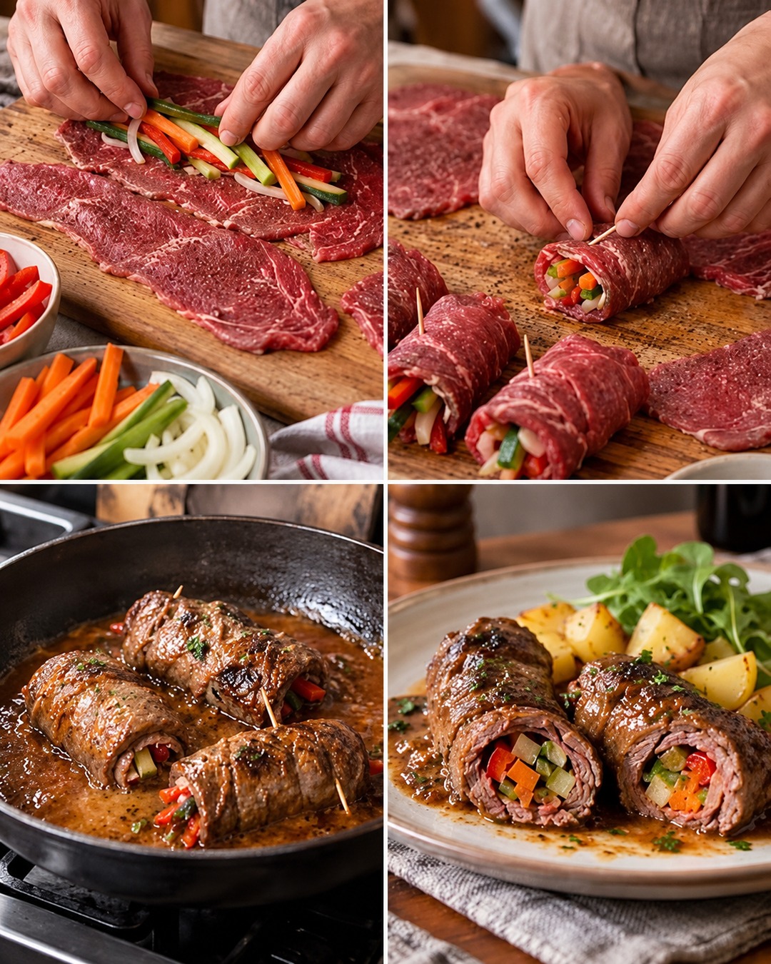 Rollitos de carne rellenos de verduras bien jugosos