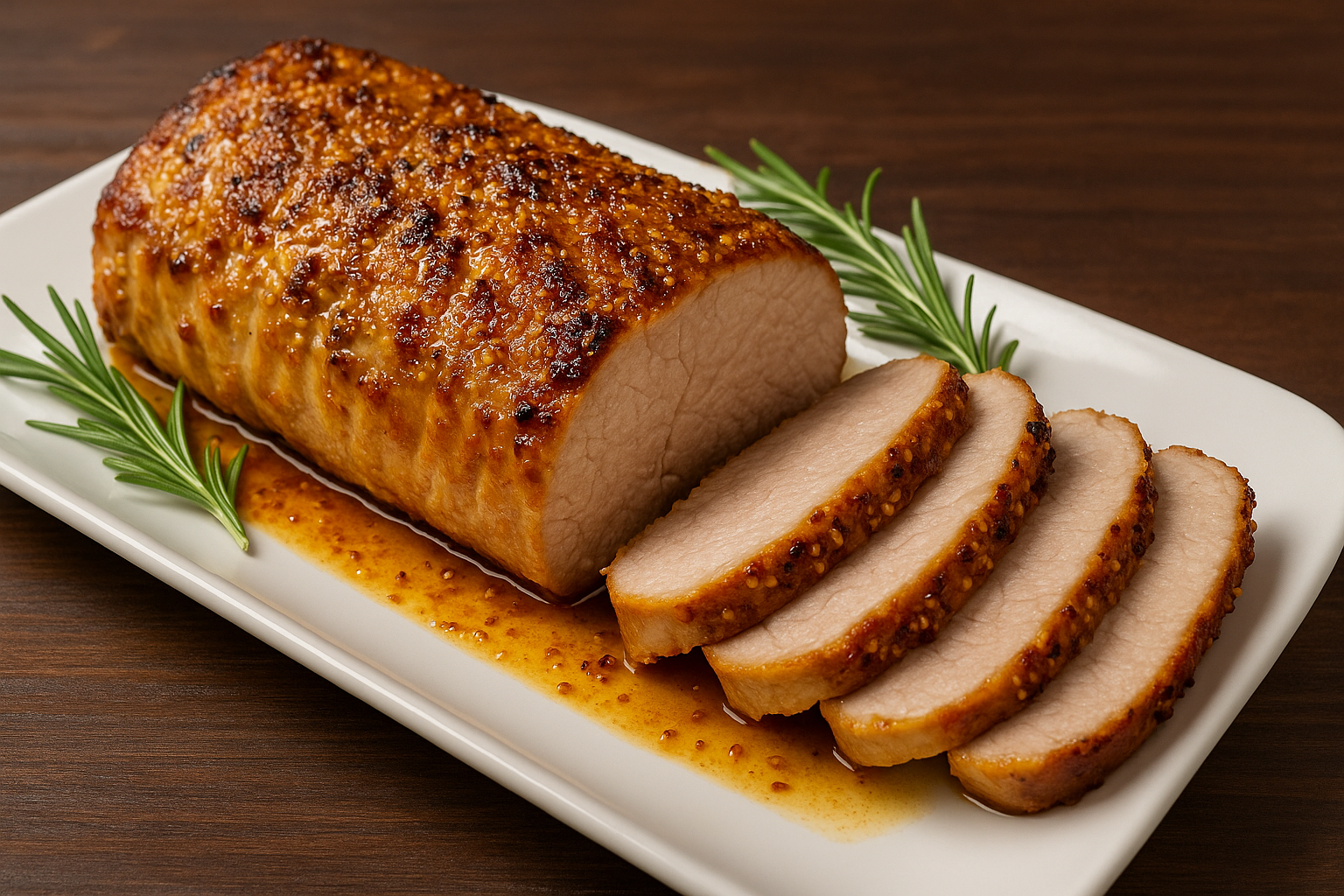 Tierno filete de cerdo con costra de miel y mostaza recién salido del horno: ¡tan fácil y delicioso!