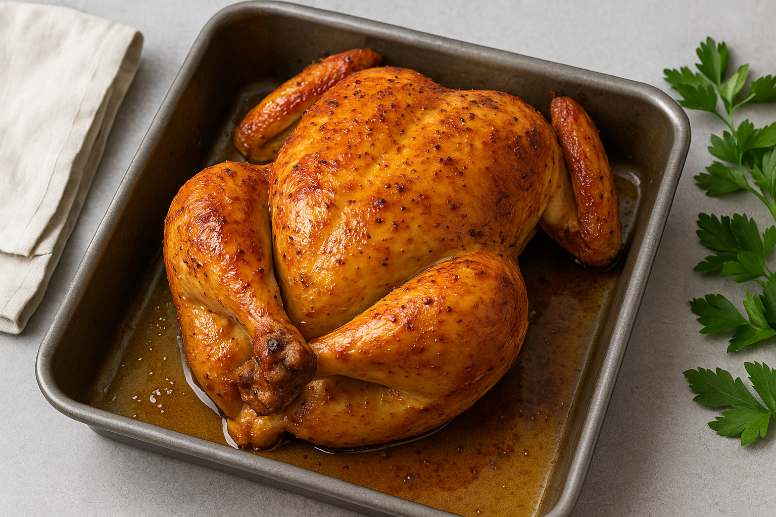Pollo asado, yo lo hago así: dorado por fuera y bien jugoso por dentro.