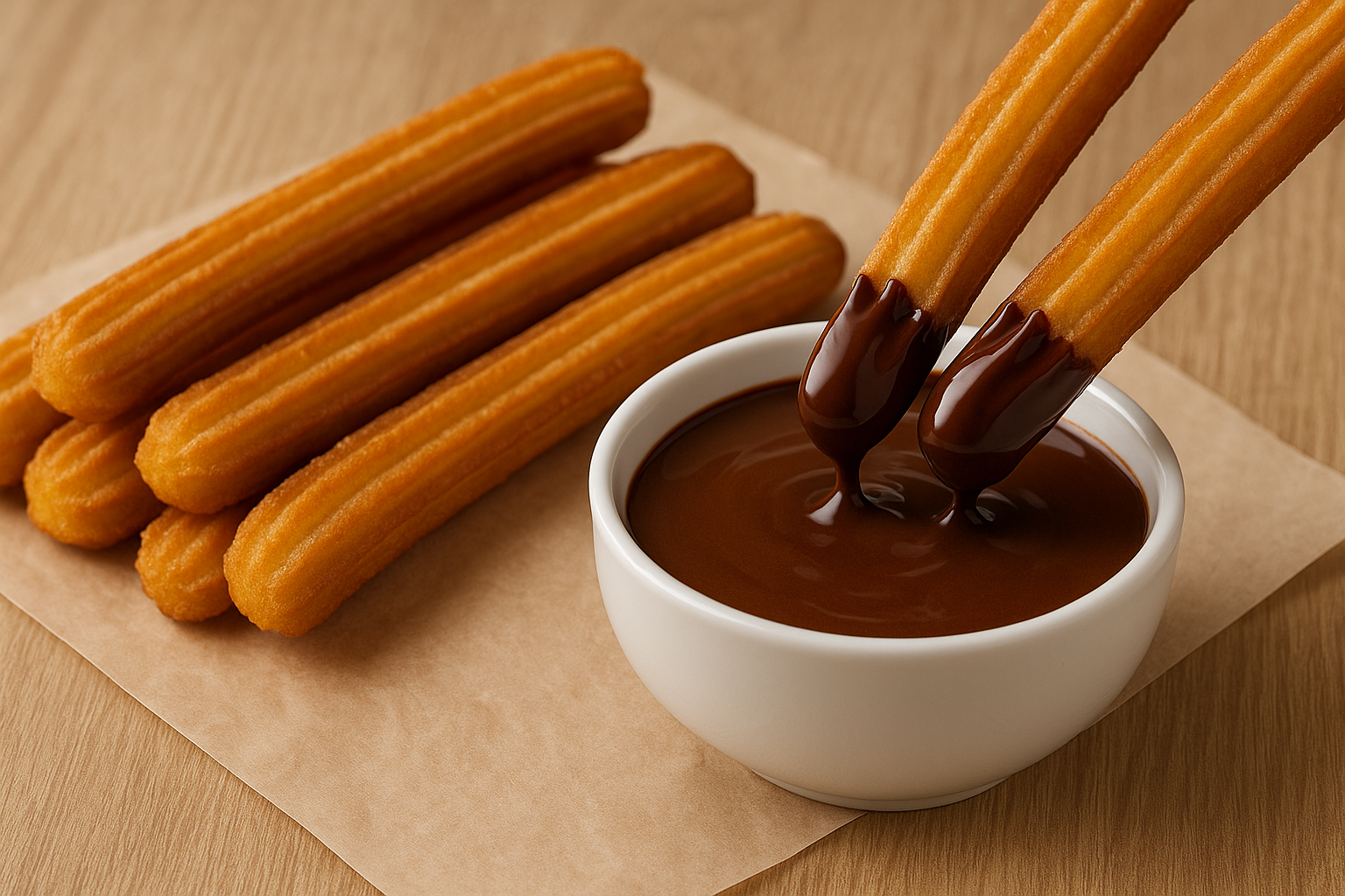 Receta de churros caseros con salsa de chocolate.