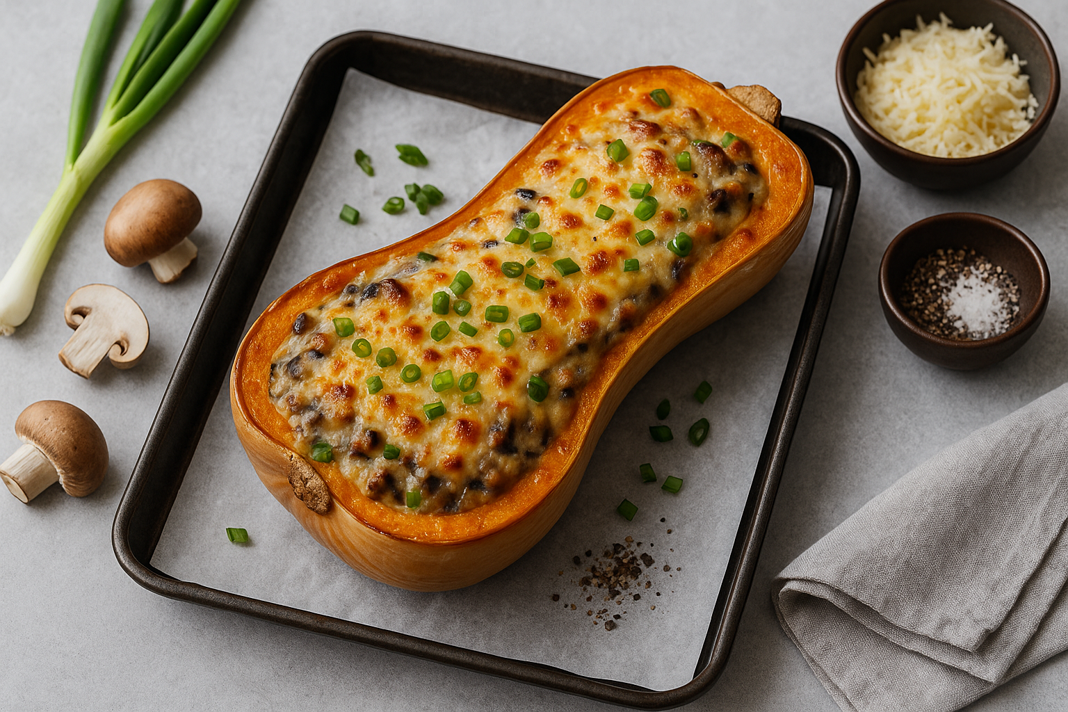 Gratinado de calabaza con salsa cremosa de champiñones.