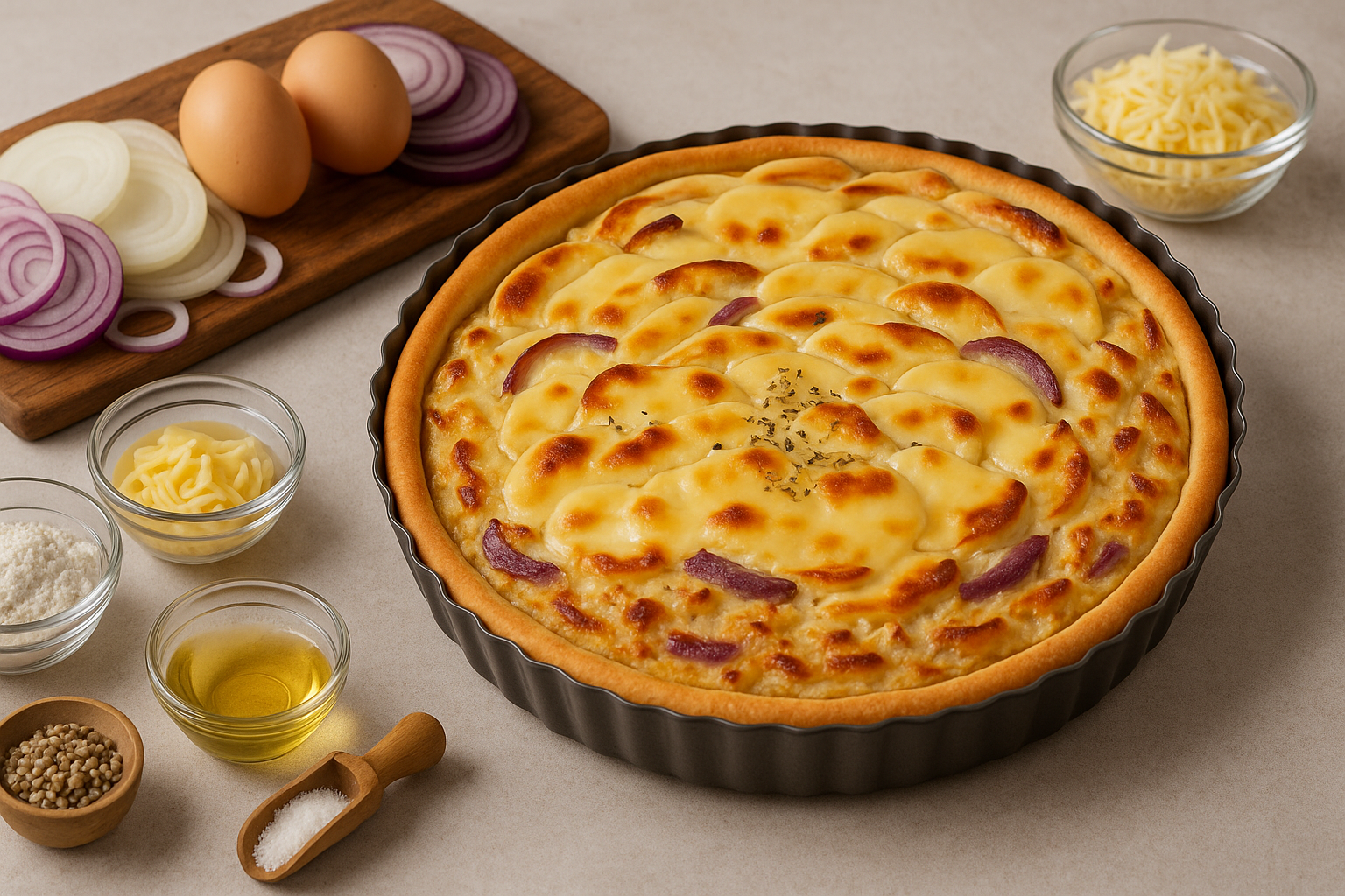 La tarta de cebolla más fácil que vas a probar, con masa casera fácil.