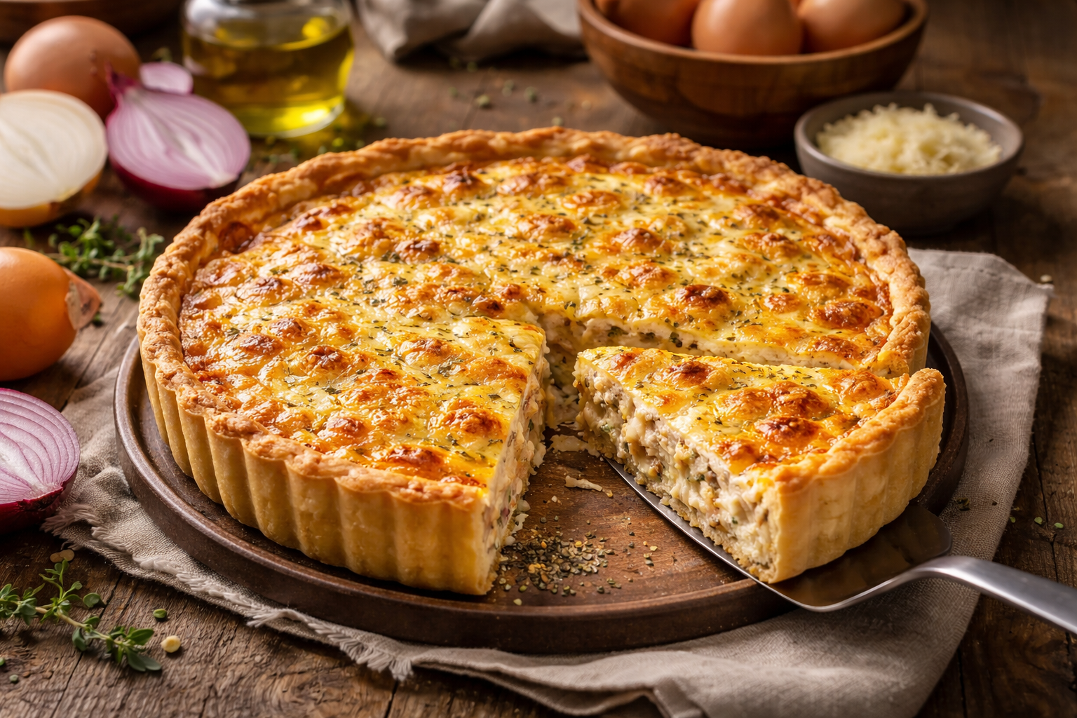 La tarta de cebolla más fácil que vas a probar, con masa casera fácil.
