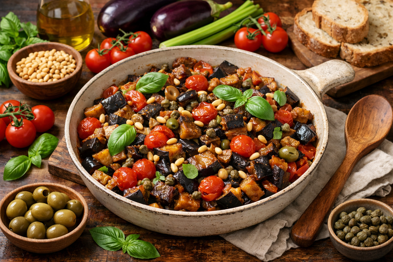 Caponata de berenjena siciliana: receta casera tradicional fácil de preparar.