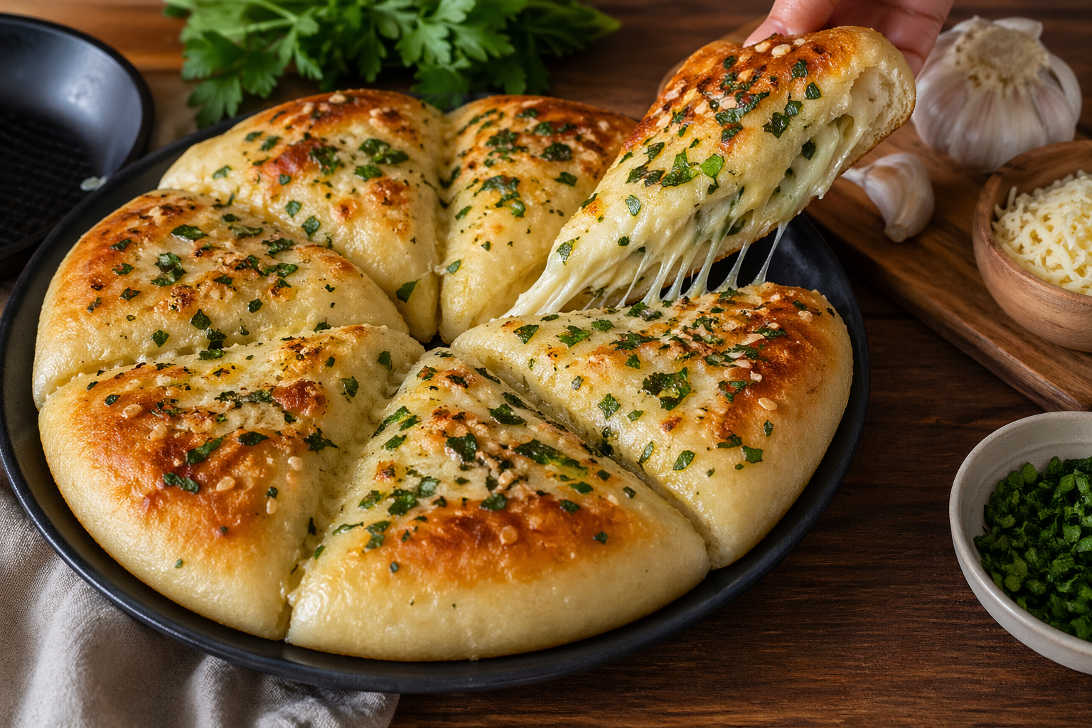 Hago pan de ajo con queso en casa todos los días: sin horno, sin amasar y muy fácil de preparar.