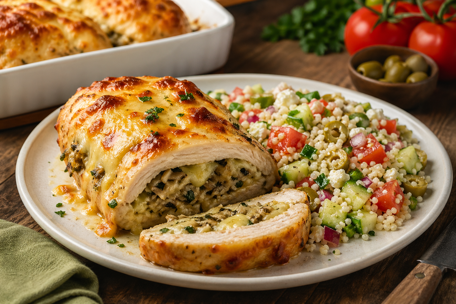 Filete de pechuga de pollo relleno, jugoso y delicioso: se derrite en la boca.