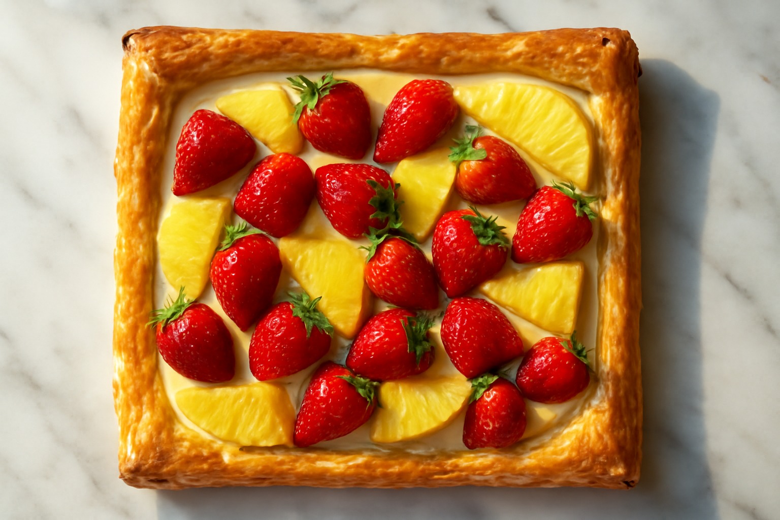 Receta de tarta de hojaldre con crema de vainilla, fresas y piña