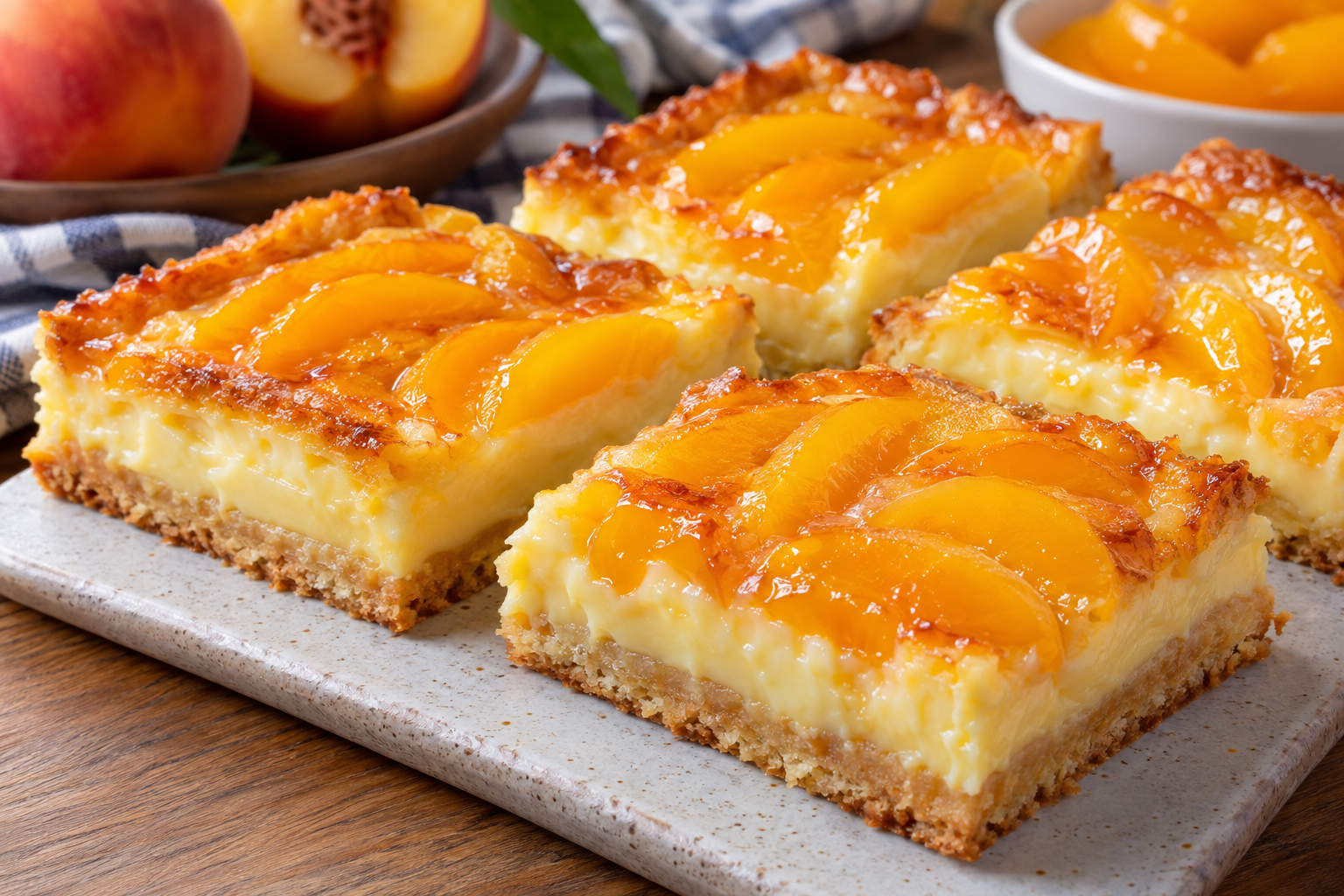 Cómo hacer Cuadraditos de Crema Pastelera y Durazno, suaves, cremosos y llenos de fruta.