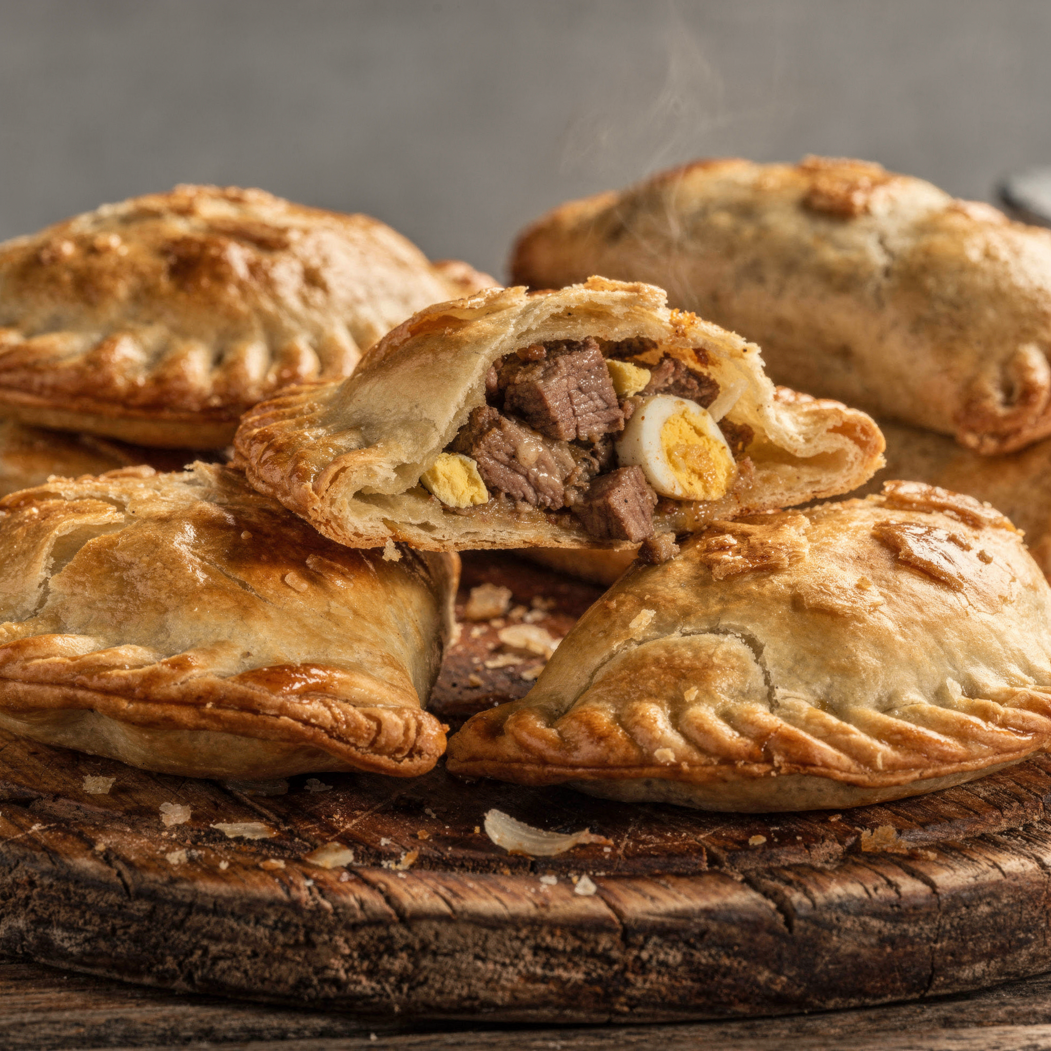Empanadas tucumanas cortadas a cuchillo sobre tabla de madera