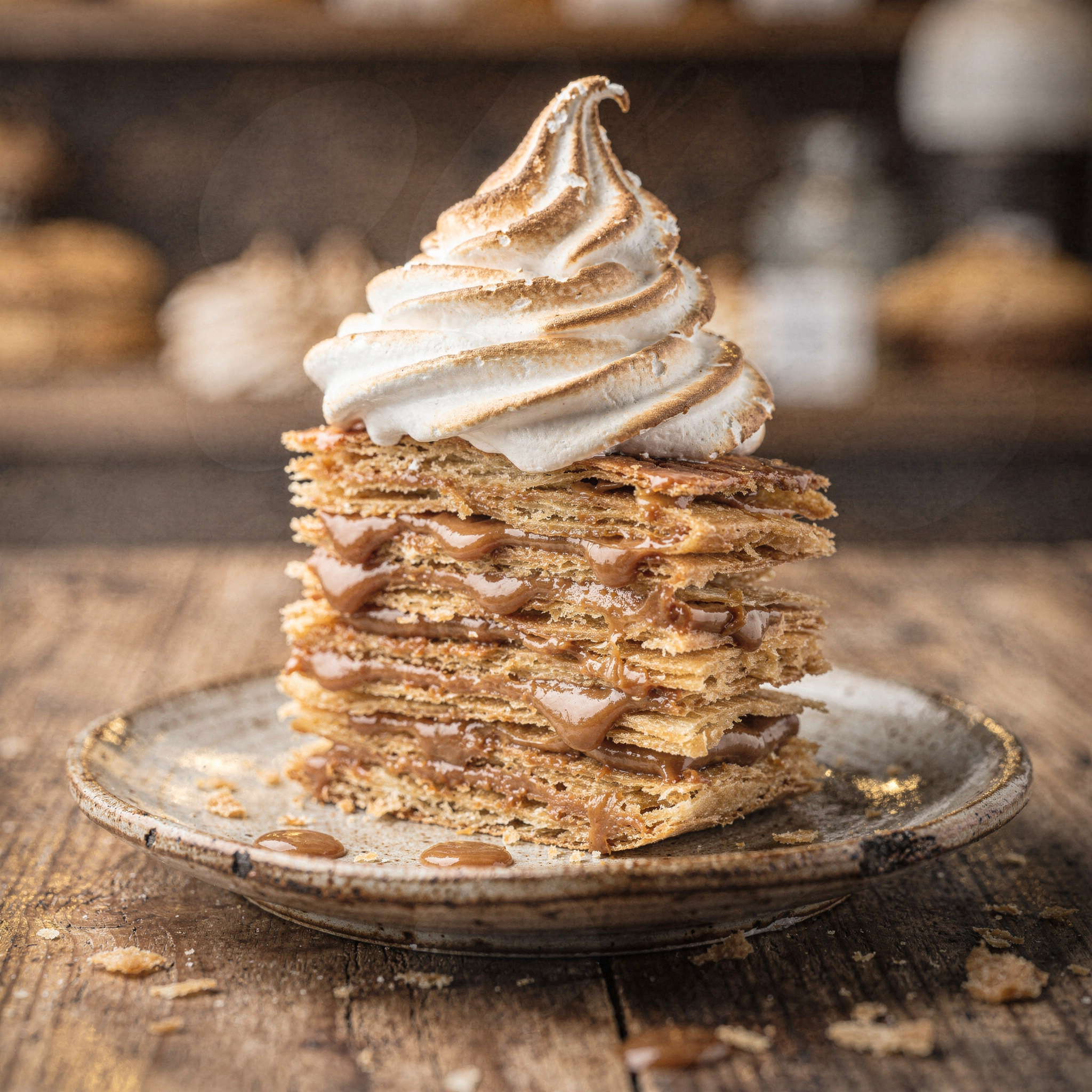 Porción de rogel casero con capas de dulce de leche y merengue