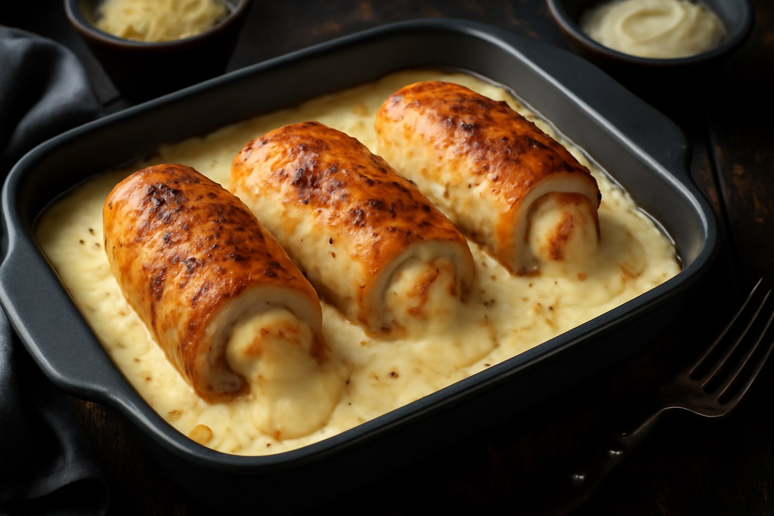 Rollitos de pollo rellenos de tres quesos con salsa bechamel: receta paso a paso al horno