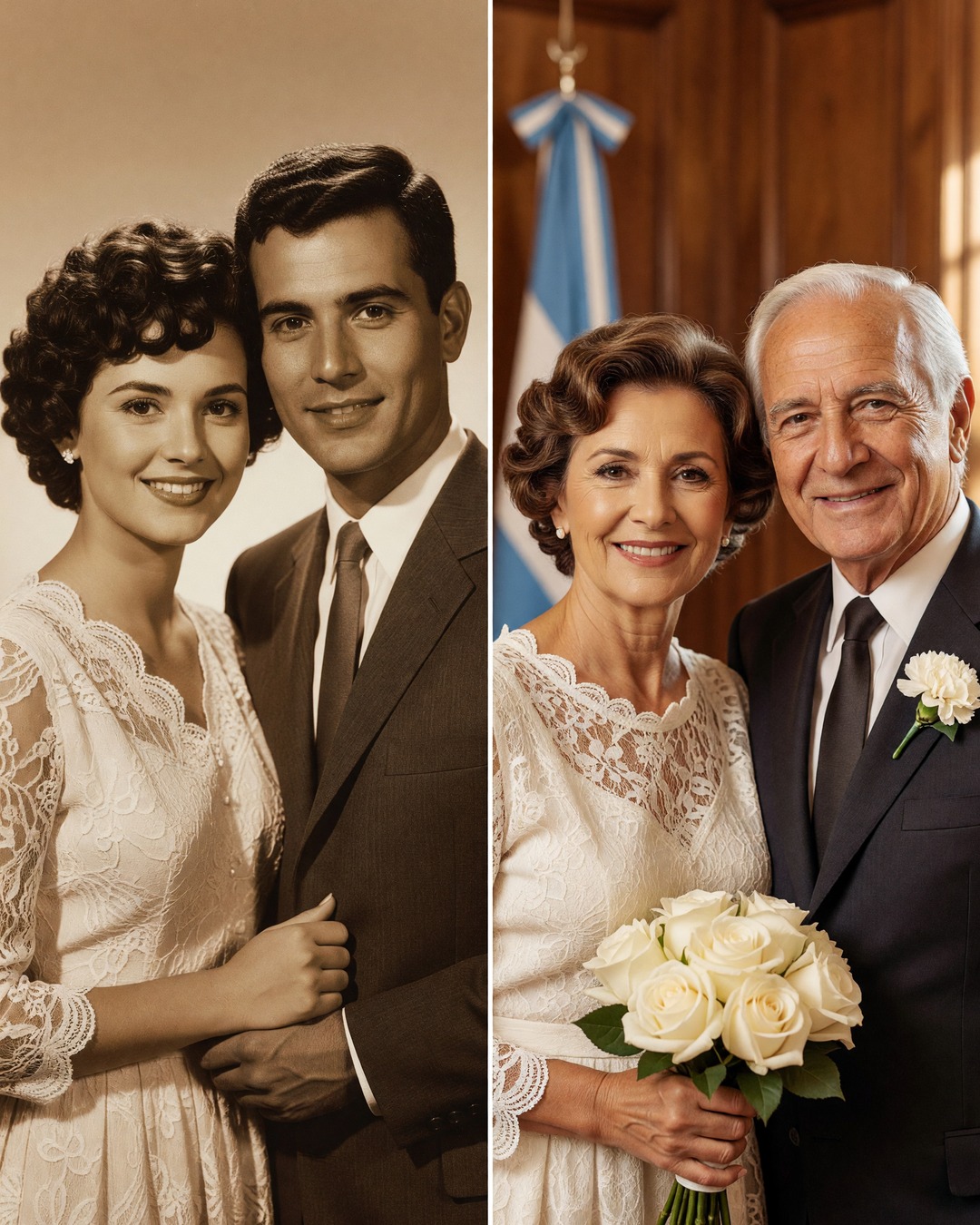 Collage de dos fotos: una pareja joven en sepia de los años sesenta y una pareja de ancianos el día de su casamiento