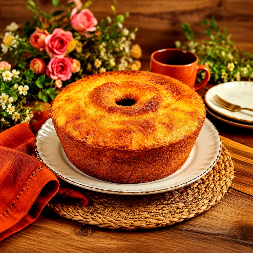 Bizcocho casero dorado con hueco central sobre un plato blanco, junto a flores y una taza
