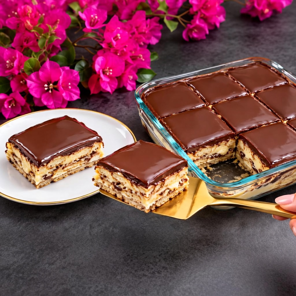 Postre frío cremoso en capas con cobertura de chocolate brillante, cortado en porciones