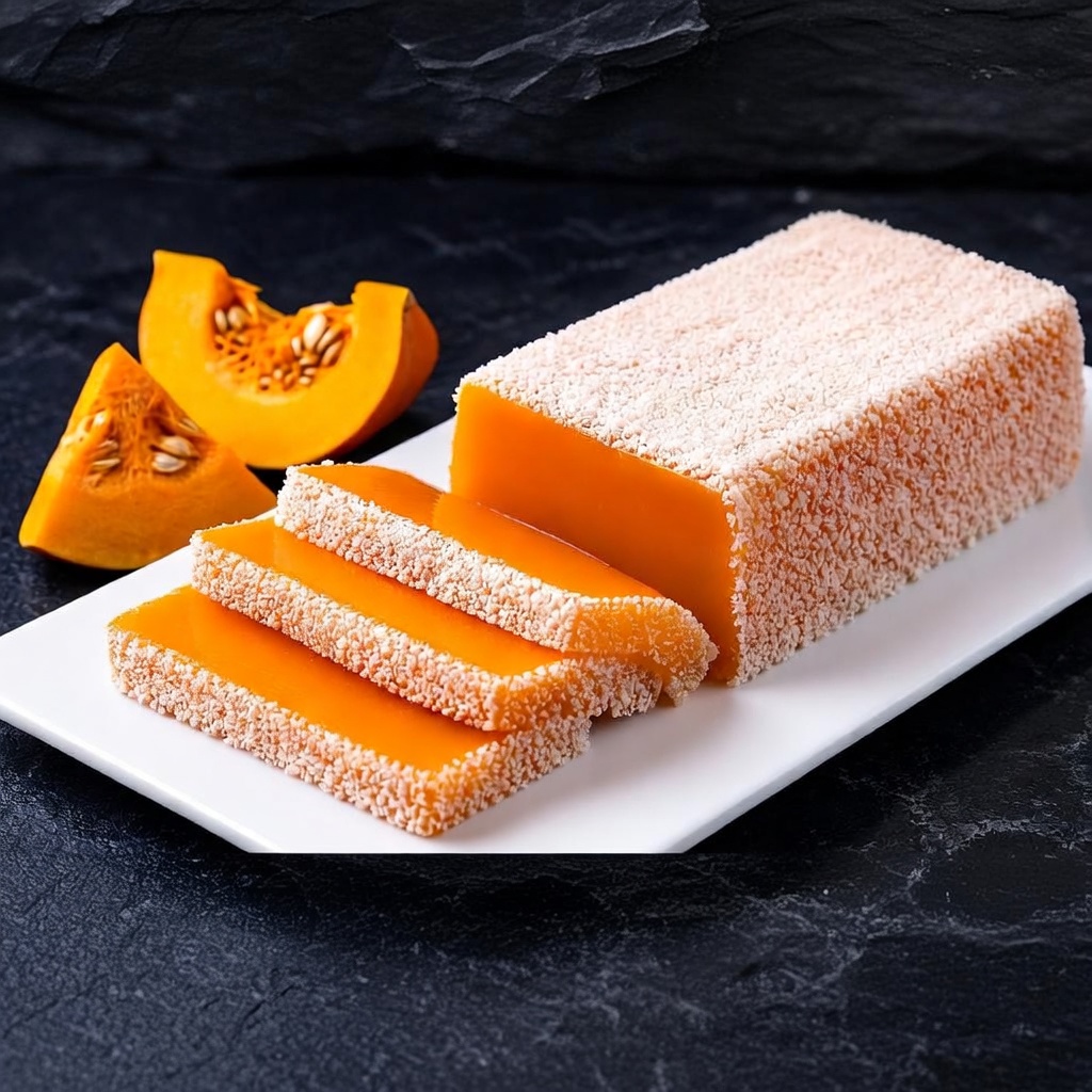 Postre de calabaza firme cubierto con coco rallado, cortado en porciones sobre una bandeja blanca