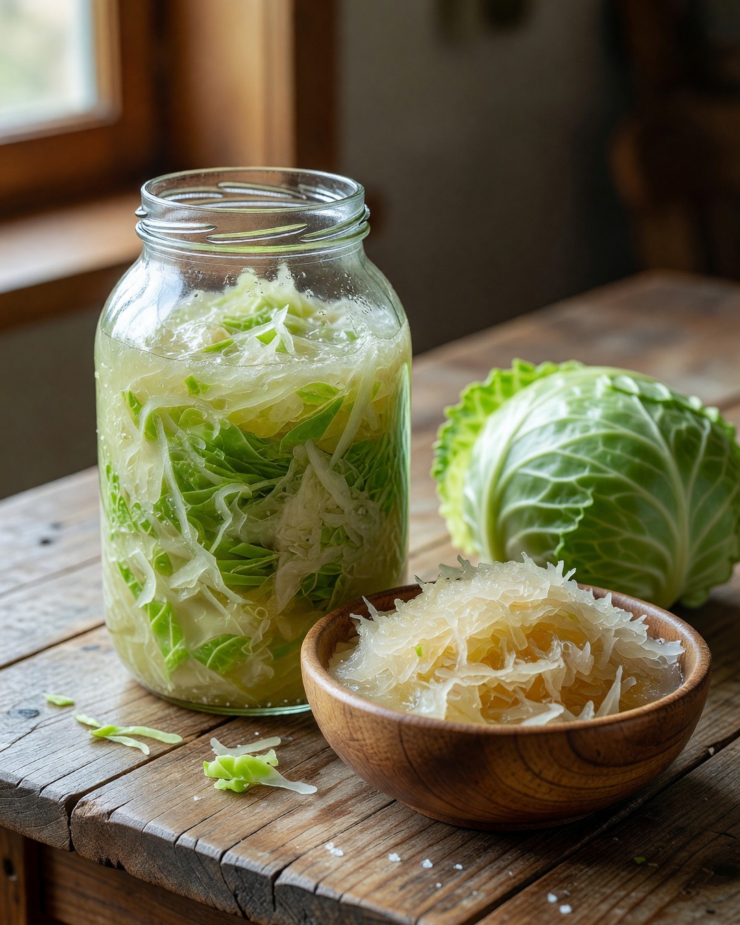 Frasco de vidrio con chucrut casero recién fermentado sobre una mesa de cocina