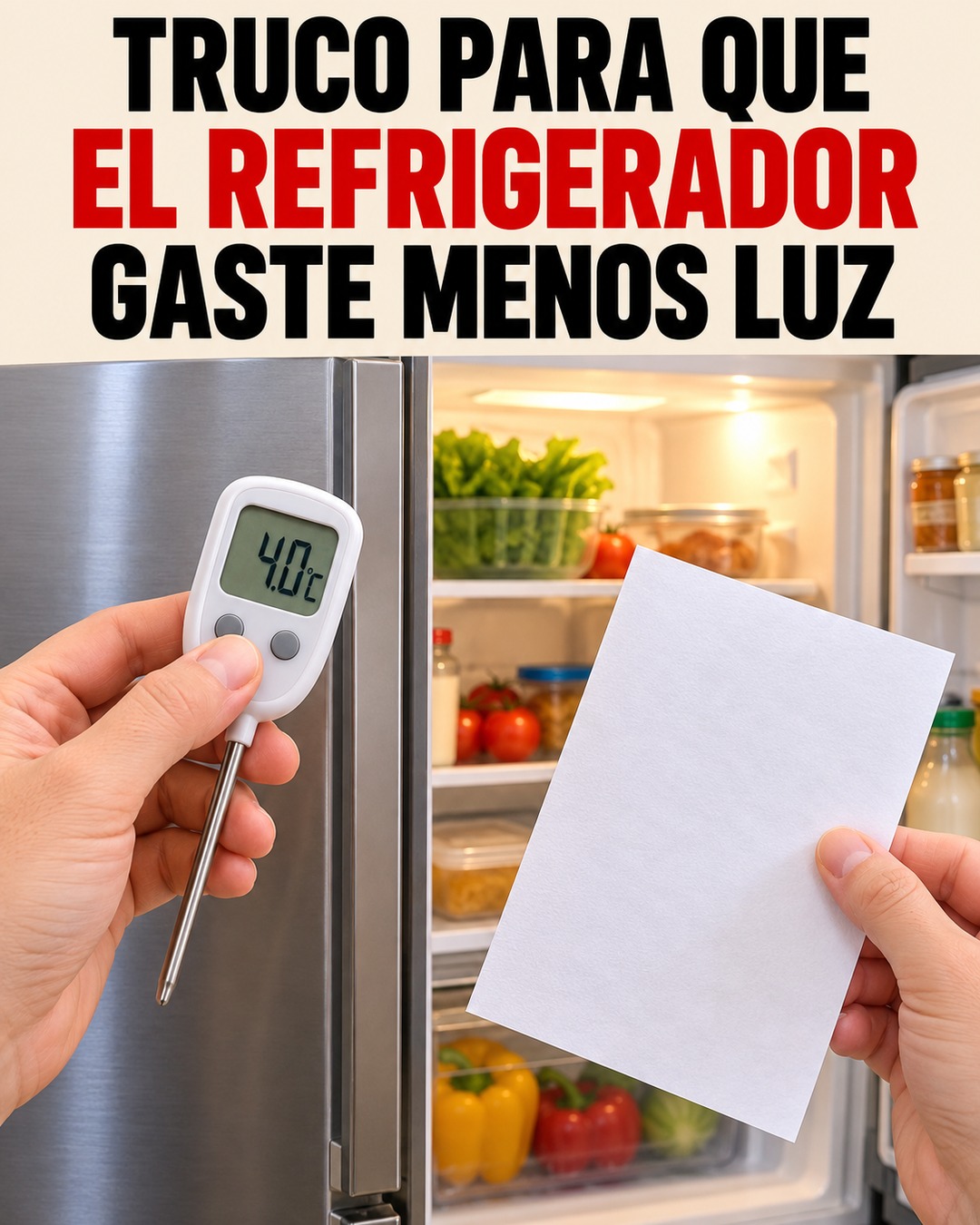 Refrigerador con un termómetro y una hoja de papel para comprobar la goma de la puerta